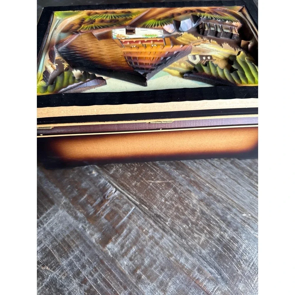 Vintage Black Forest Musical Jewelry Box Swiss‎ Chalet Wood Carving Restoration